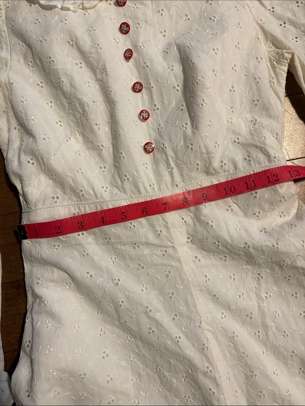 Vintage White Eyelet Maxi Dress with Red Floral Buttons and Ruffle Collar - Picture 4 of 13